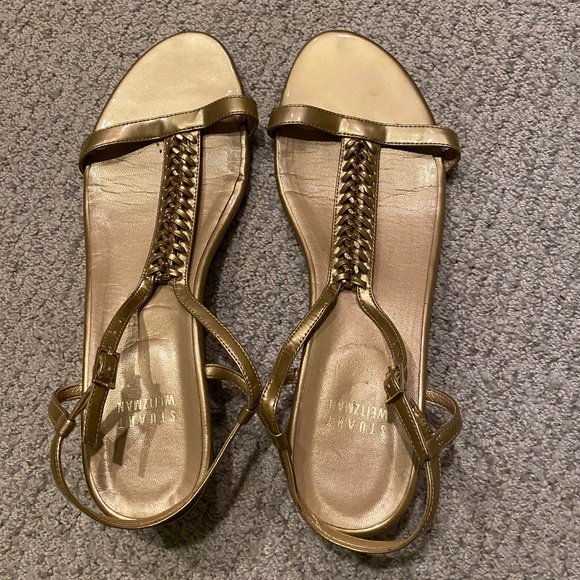 Stuart Weitzman Metallic Gold Braided T-Strap Sandals – Size 8.5 - Picture 1 of 4